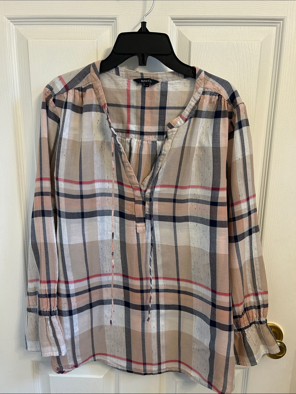 Plaid Split-Neck Women's Top in Beige and Navy
